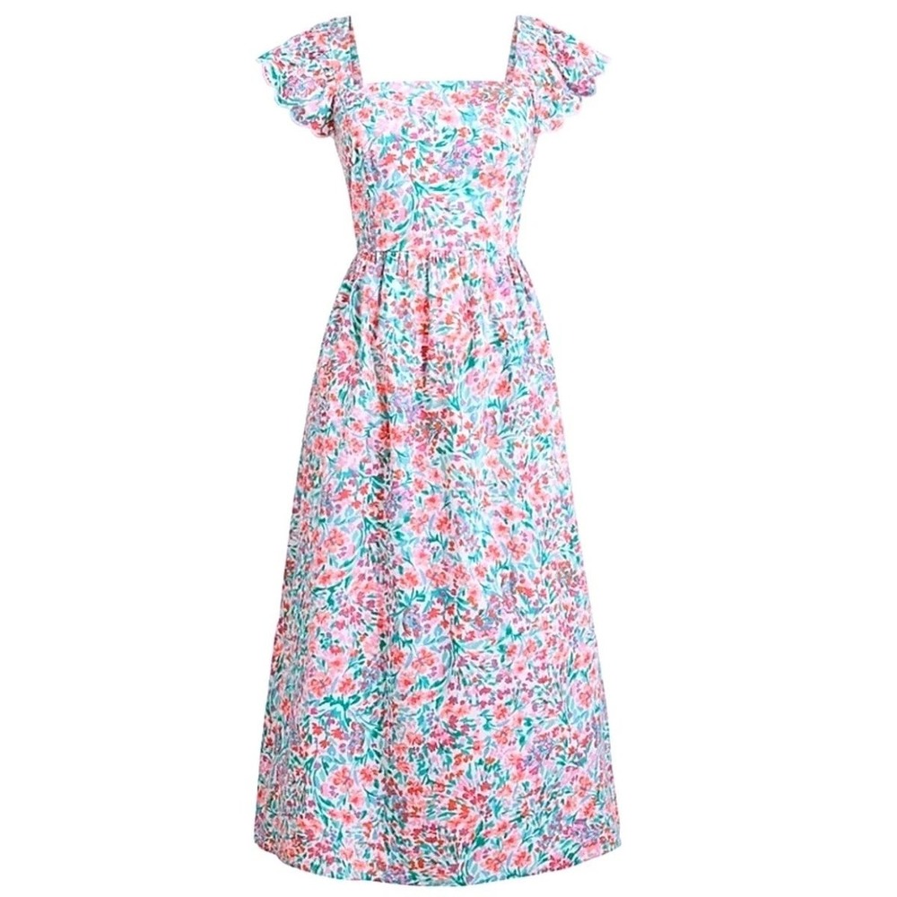 J.Crew Floral Flutter Sleeve Midi Dress Women 4 Square Neck Cottagecore Feminine - Picture 2 of 16